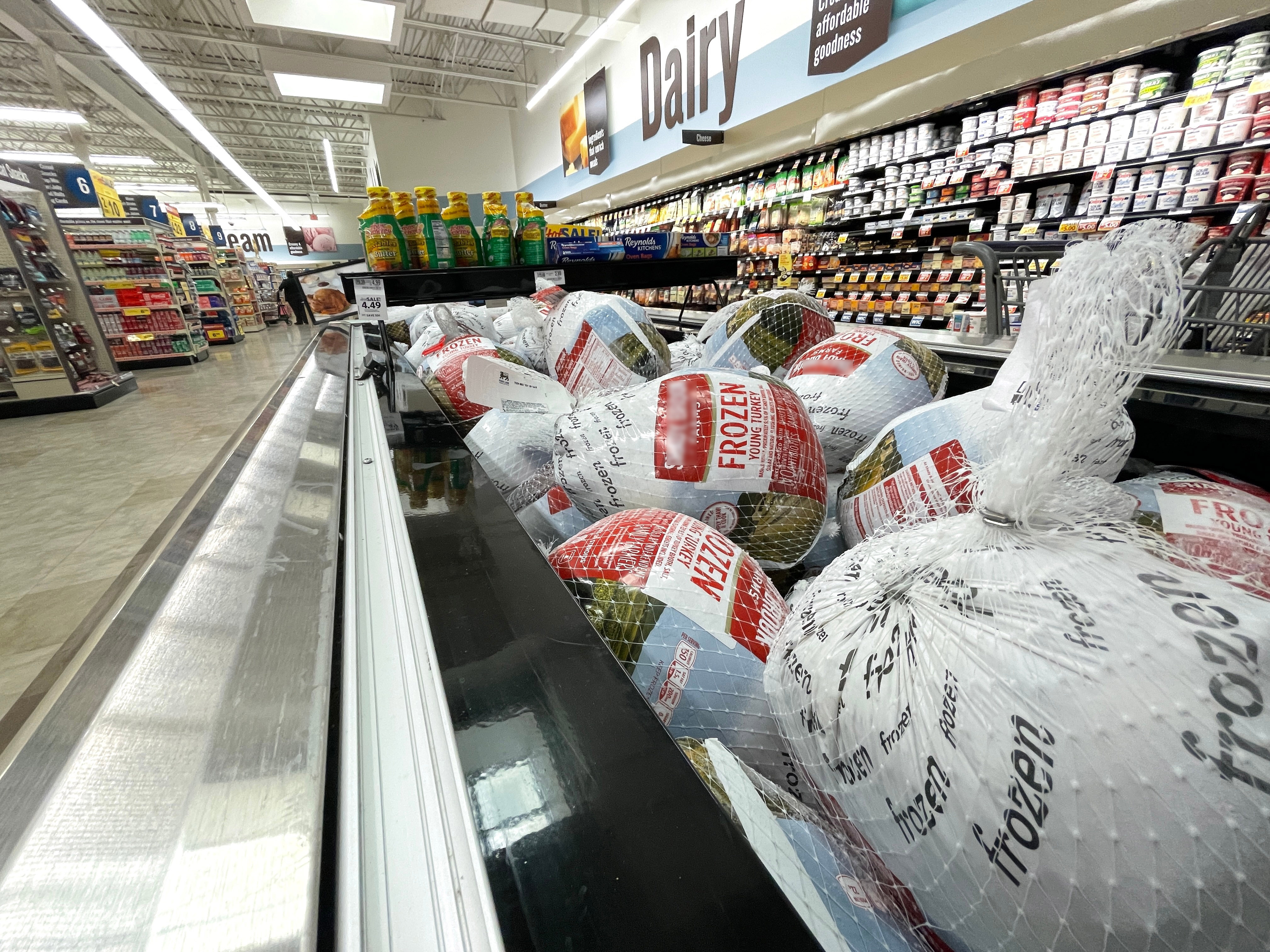 Frozen turkeys at a grocery store