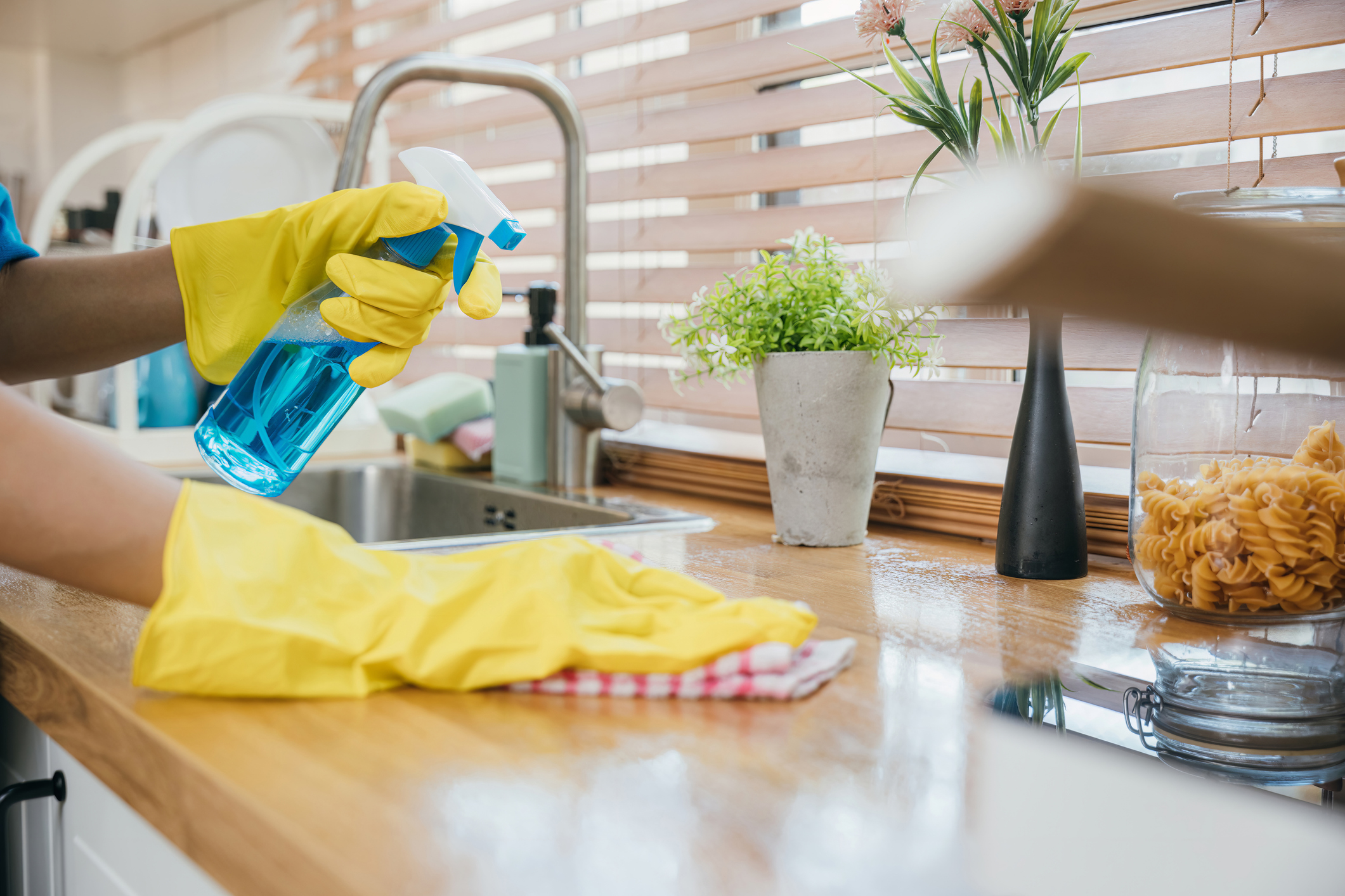 Person cleaning kitchen counter