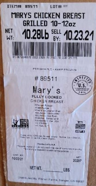 Image of label of Mary's Fully Cooked Chicken Breast with Lot Code 20297 and use by date of 10/23/2021